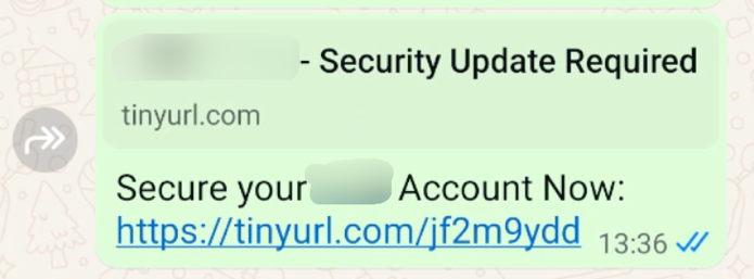 A WhatsApp message flow showing a malicious link sent to a user.